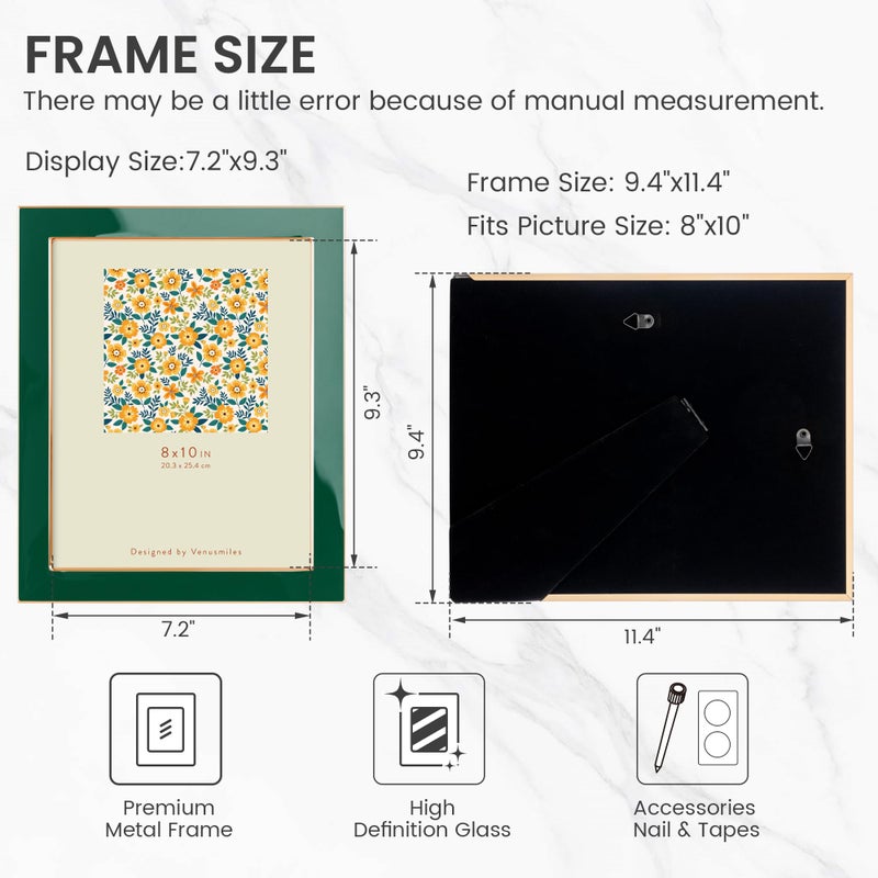 Venusmiles 8x10 Enamel Picture Frame, Gold Metal Edge with Easel, Real Glass Photo Frame for Wall and Tabletop Display Family Office Photo Gallery, Green Enamel/1pc - Image 5