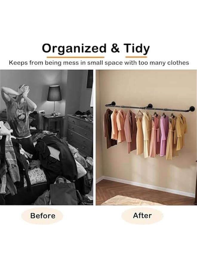 MIXDE Clothes Rack Wall Mounted, Industrial Pipe Wall Mount Clothing Rack, Space Saver Hanging Pipe Clothes Rack, Heavy Duty Garment Racks for Laundry Room, Closet Storage (70.5in) - Image 4