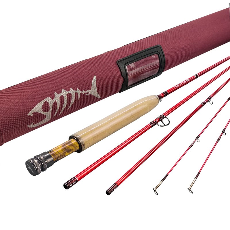 Aventik Stalker Fly Rod 7'6'' LW2 / 8'0'' LW3 / 8'6'' LW4, 4-Piece Medium-Fast IM12 Carbon Fiber Blank, Ultralight Blue & Red Rod with Extra Tip(7'6'' LW2)