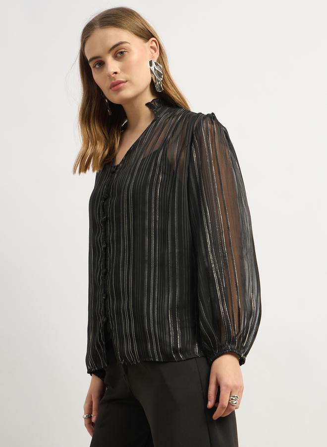 Styli بلوزة بياقة على شكل V بأكمام بالون مخططة - Image 3