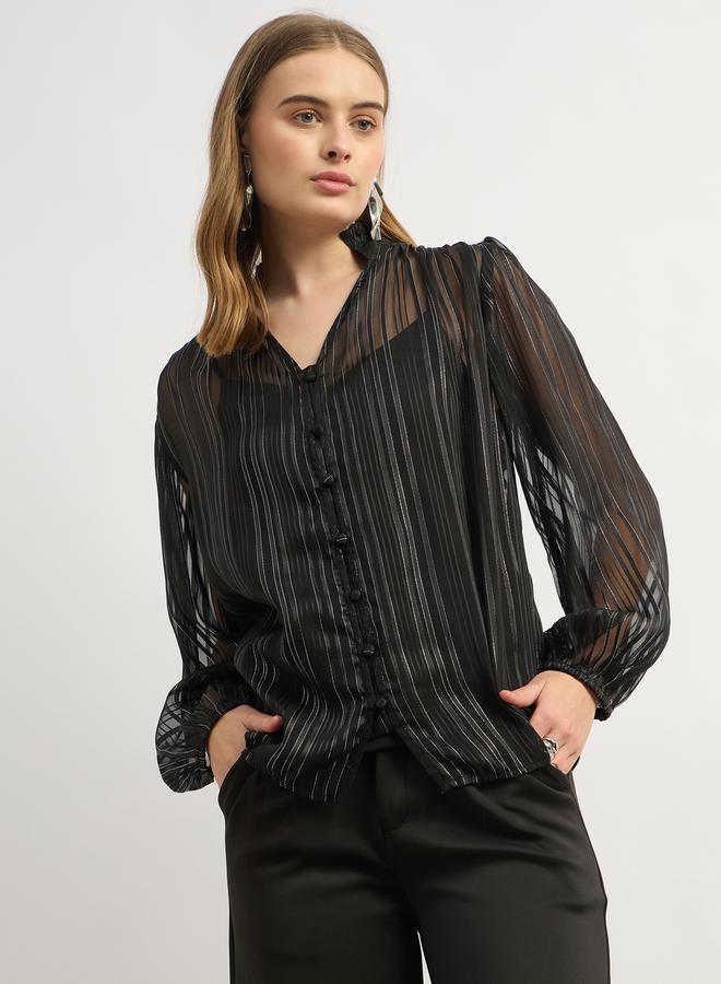 Styli بلوزة بياقة على شكل V بأكمام بالون مخططة - Image 2