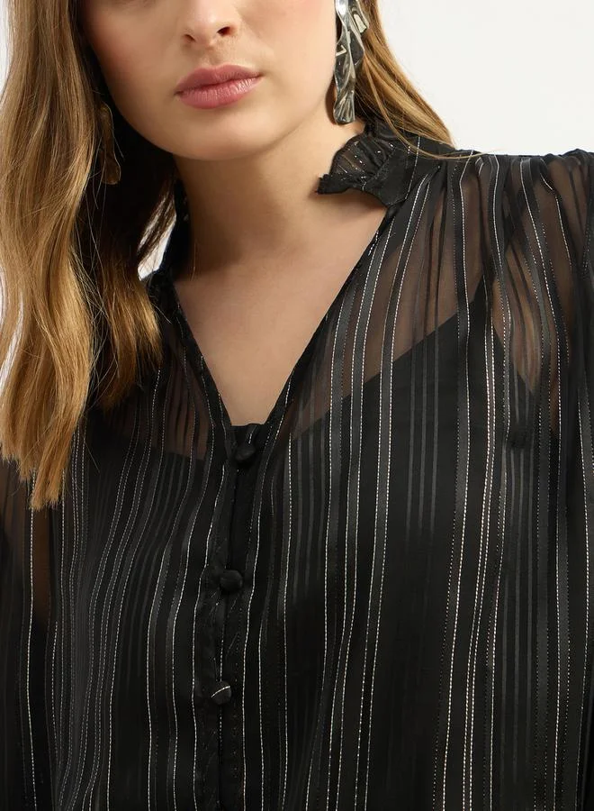 Styli Styli Striped Balloon Sleeve V-Neck Blouse