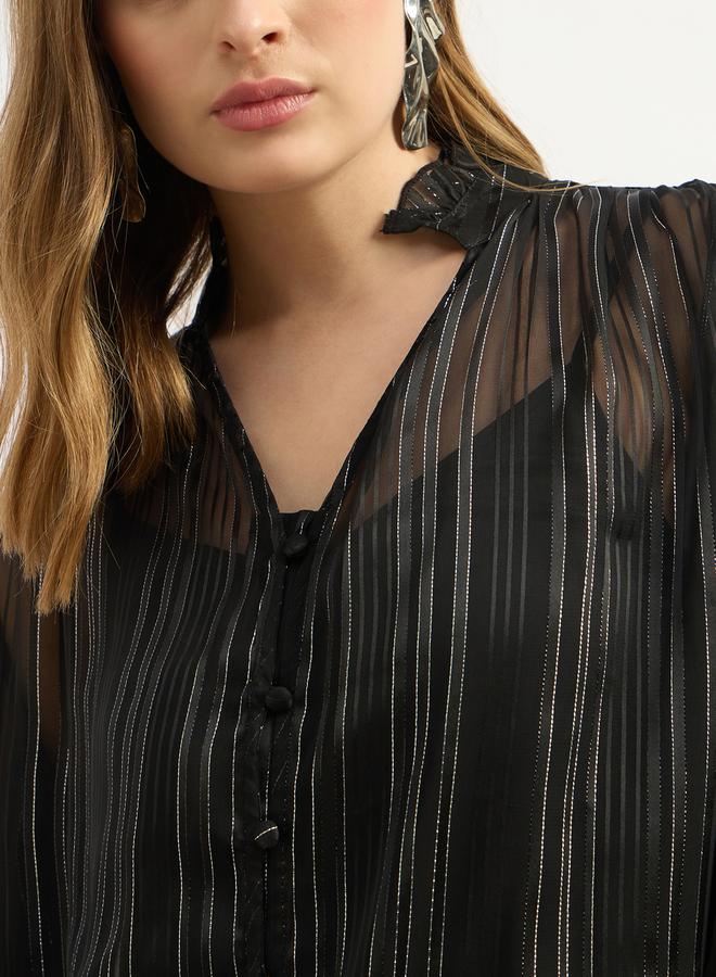 Styli بلوزة بياقة على شكل V بأكمام بالون مخططة - Image 4