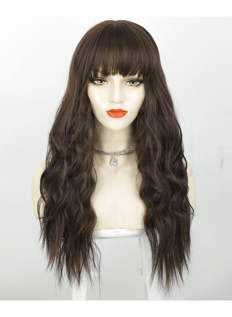 إستيل شعر مستعار طويل مجعد أوروبي وأمريكي مموج من الألياف الأنثوية بغطاء رأس كامل بني - Image 1