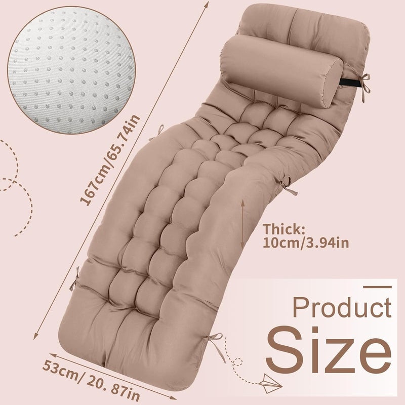 Tudomro 1 Pcs Light Camel 66'' Outdoor Chaise Lounge Cushion Waterproof Patio Lawn Pool Chaise Lounge Cushion with Headrest Pillow & Ties Weather Fade Resistant Replacement Longue Chair Pad - Image 2
