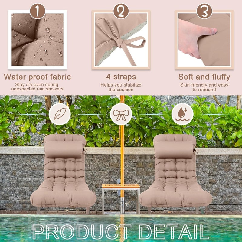 Tudomro 1 Pcs Light Camel 66'' Outdoor Chaise Lounge Cushion Waterproof Patio Lawn Pool Chaise Lounge Cushion with Headrest Pillow & Ties Weather Fade Resistant Replacement Longue Chair Pad - Image 5