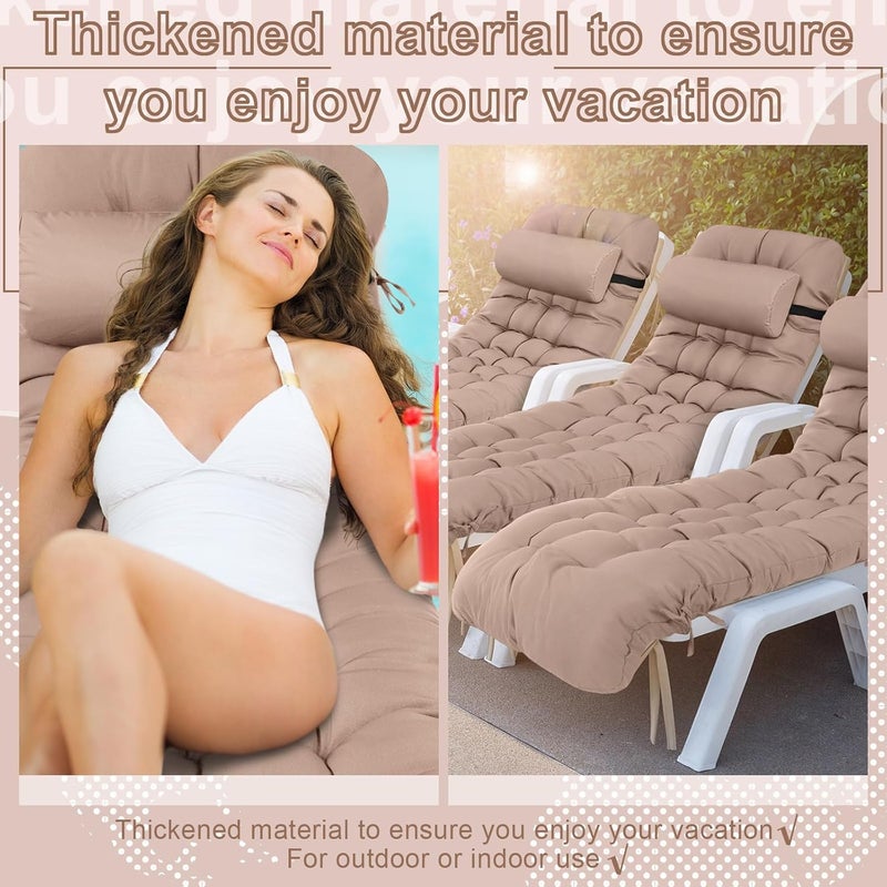 Tudomro 1 Pcs Light Camel 66'' Outdoor Chaise Lounge Cushion Waterproof Patio Lawn Pool Chaise Lounge Cushion with Headrest Pillow & Ties Weather Fade Resistant Replacement Longue Chair Pad - Image 3