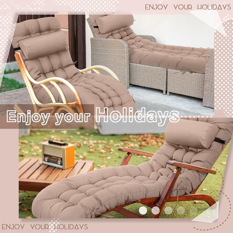 Tudomro 1 Pcs Light Camel 66'' Outdoor Chaise Lounge Cushion Waterproof Patio Lawn Pool Chaise Lounge Cushion with Headrest Pillow & Ties Weather Fade Resistant Replacement Longue Chair Pad - Image 4