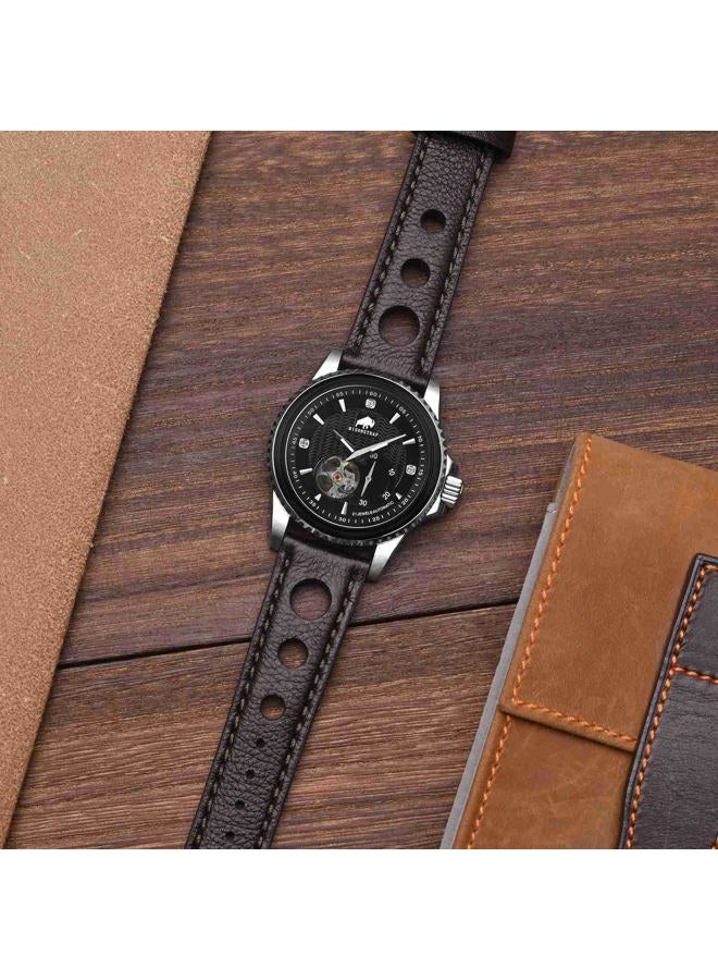 BISONSTRAP Rally Watch Bands, Shrunken Leather Watch Straps for Men, 22mm, Black Coffee with Silver Buckle - Image 2