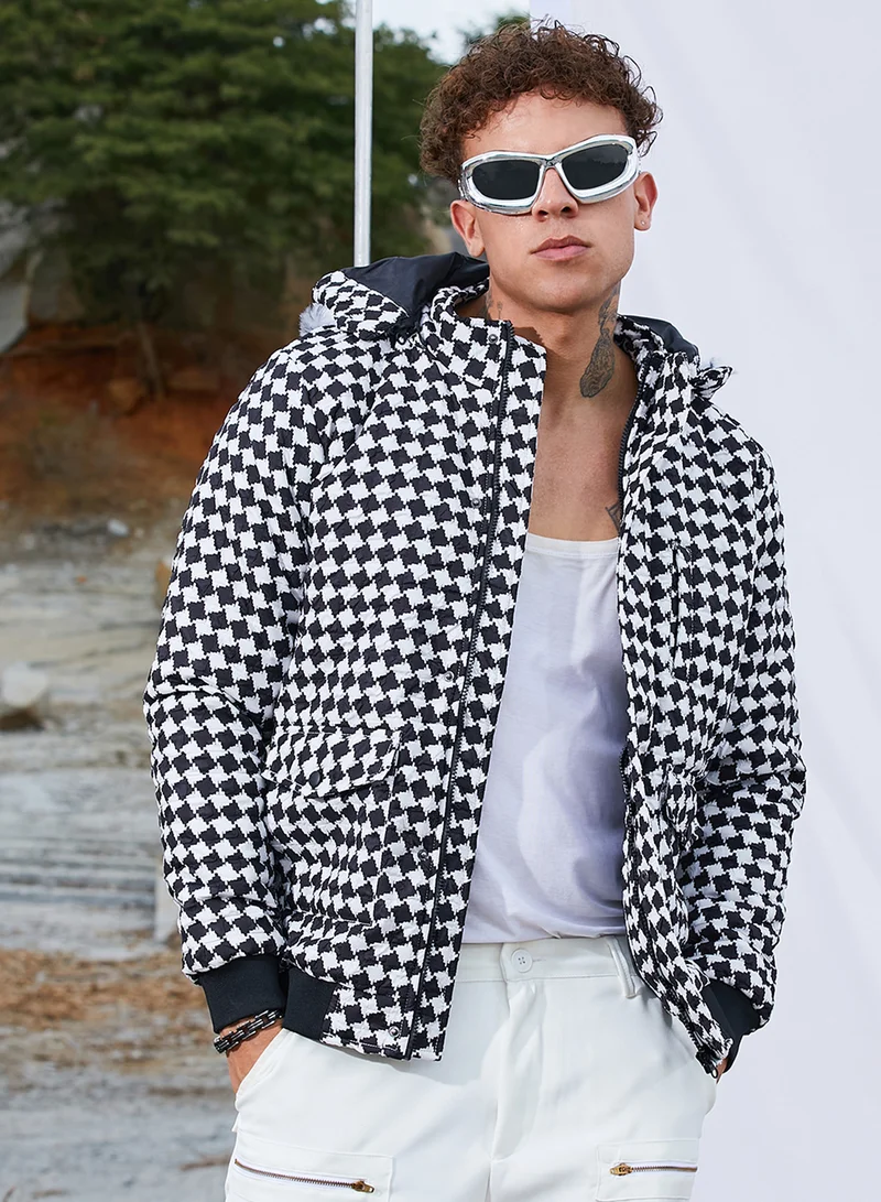 Campus Sutra Men's Carbon Black & Chalk White Checkboard Puffer Jacket With Fleece Hood