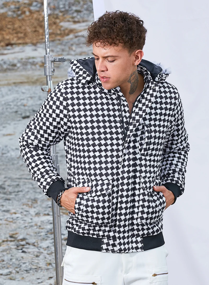 Campus Sutra Men's Carbon Black & Chalk White Checkboard Puffer Jacket With Fleece Hood