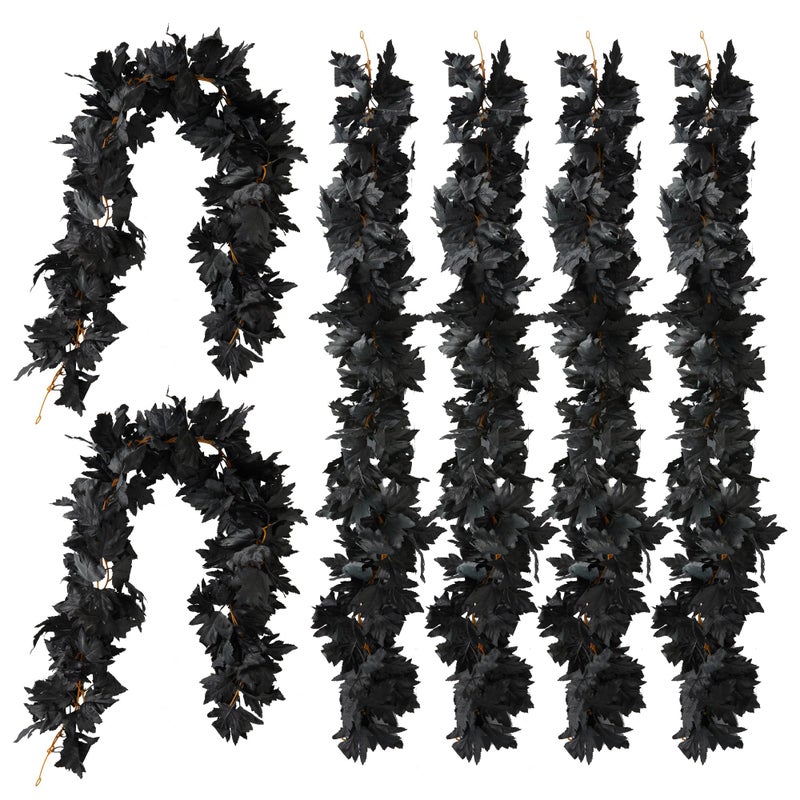 PARTY JOY Black Artificial Maple Leaf Garland 6PCS 56Ft Halloween Decor Gothic Fall Vines for Front Porch Thanksgiving Autumn Table Centerpiece Wall Hanging