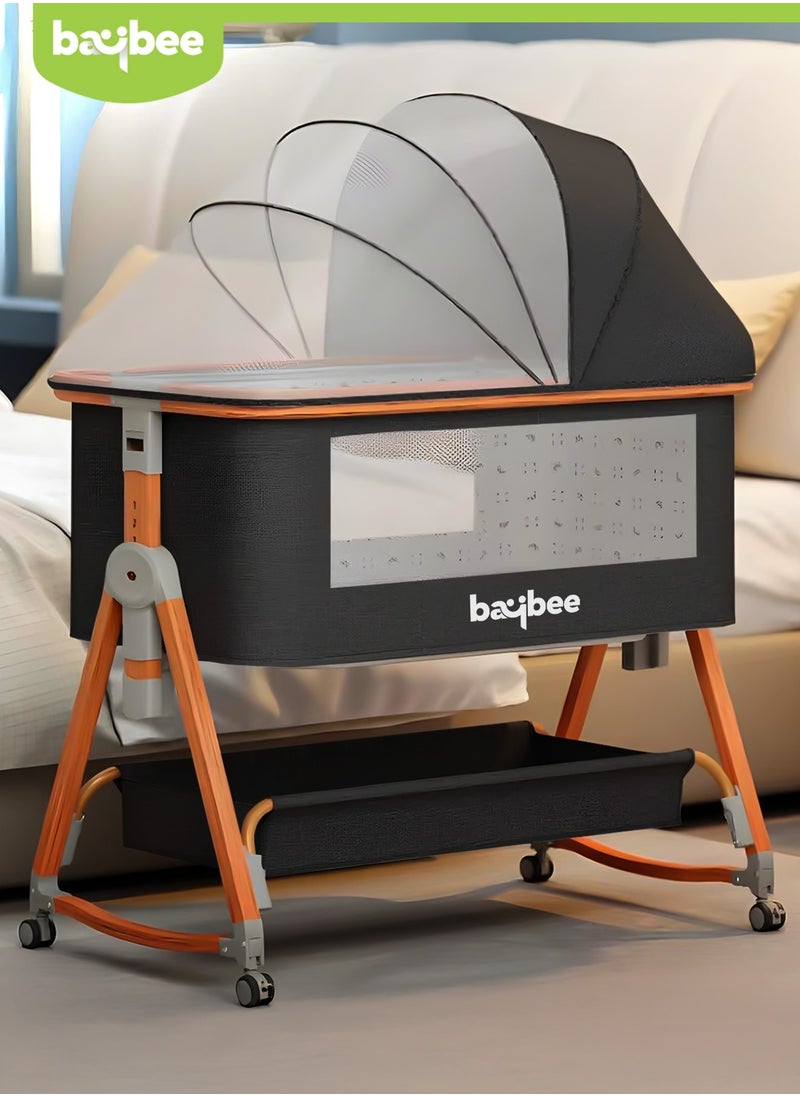 BAYBEE 3 in 1 Portable Baby Bedside Crib for Baby Infant Travel Crib With 6 Height Adjustable & Rocking Foldable Baby Bassinet with Wheels, Mosquito Net, 360° Swivel Wheels, Bed side Crib for Travel Black  - Image 1