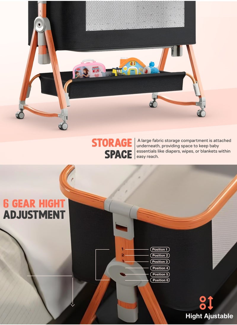 BAYBEE 3 in 1 Portable Baby Bedside Crib for Baby Infant Travel Crib With 6 Height Adjustable & Rocking Foldable Baby Bassinet with Wheels, Mosquito Net, 360° Swivel Wheels, Bed side Crib for Travel Black  - Image 4