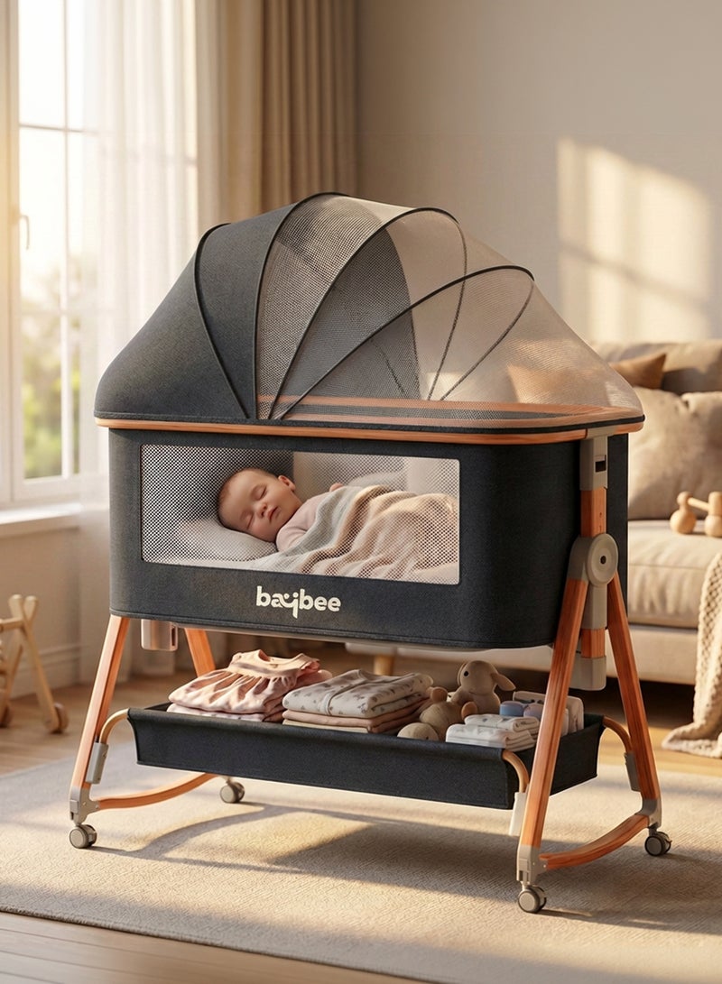 BAYBEE 3 in 1 Portable Baby Bedside Crib for Baby Infant Travel Crib With 6 Height Adjustable & Rocking Foldable Baby Bassinet with Wheels, Mosquito Net, 360° Swivel Wheels, Bed side Crib for Travel Black - Image 1