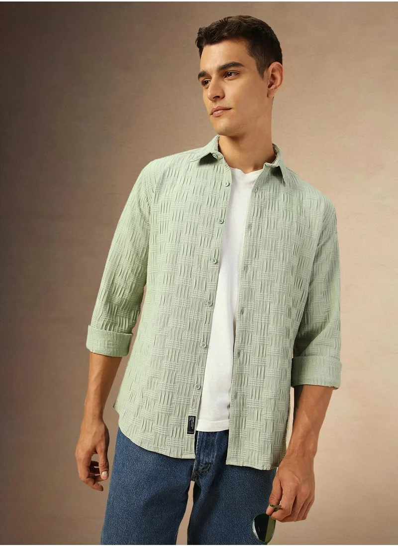 دينيس لينغو Men's Sage Cotton Blend Textured Shirt