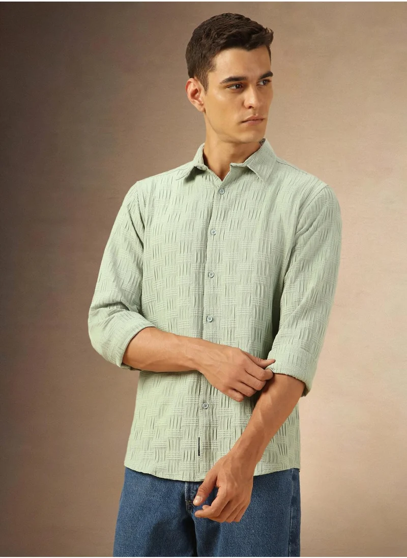 دينيس لينغو Men's Sage Cotton Blend Textured Shirt