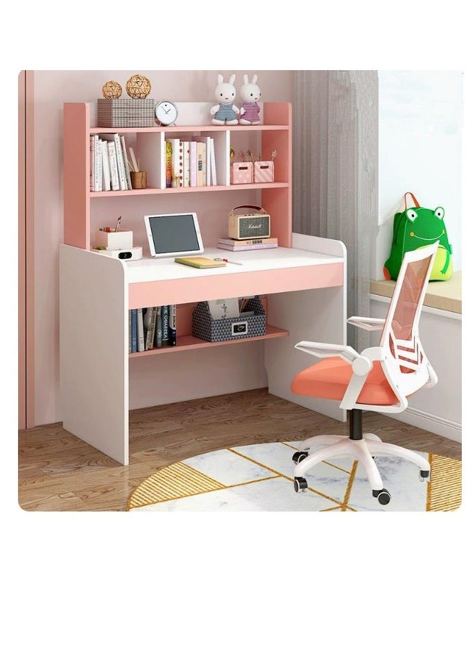Golden - Study Writing Desk Table, Two-in-One Bookshelf Desk for Home Office 100 * 48* 136cm, Pink(Chairs Not Included) - Image 1