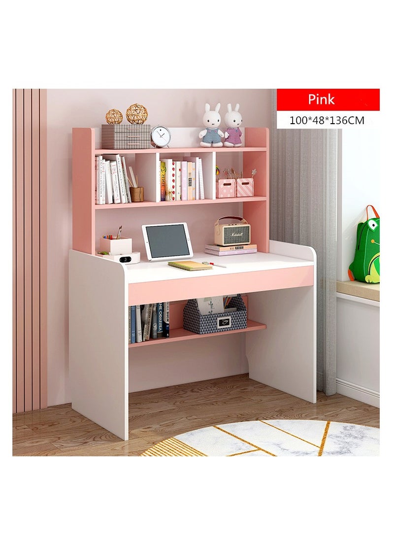 Golden - Study Writing Desk Table, Two-in-One Bookshelf Desk for Home Office 100 * 48* 136cm, Pink(Chairs Not Included) - Image 1