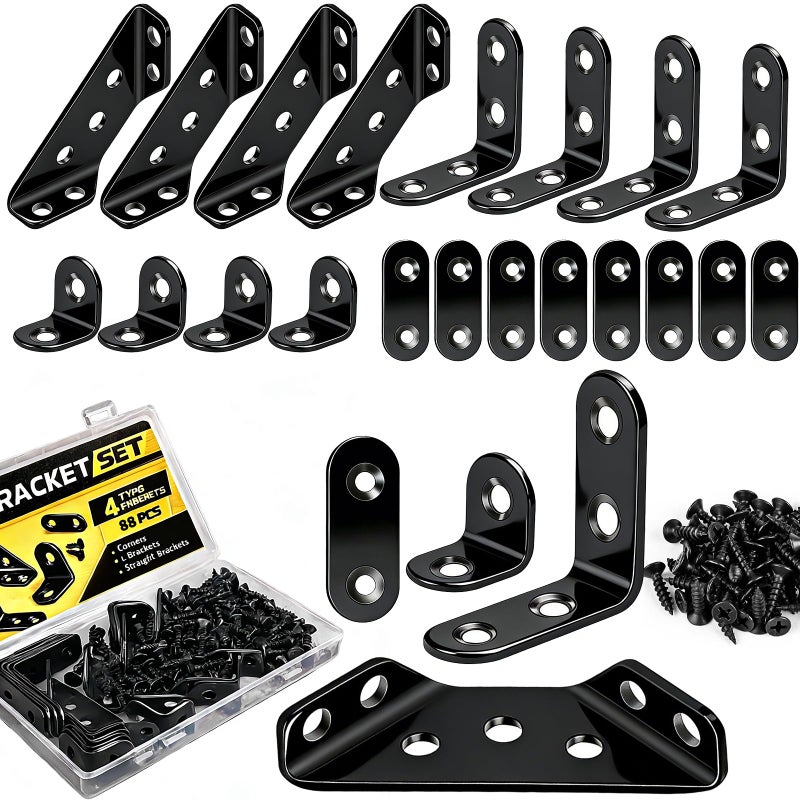 TEOYNGU 88PCS L Brackets for Shelves,4 Sizes Angle Corner Braces Metal L Bracket Heavy Duty for Wood,Stainless Steel Furniture Corner Connector, Corner Brackets for Wood (0.97",1.55",2.44") - Image 1