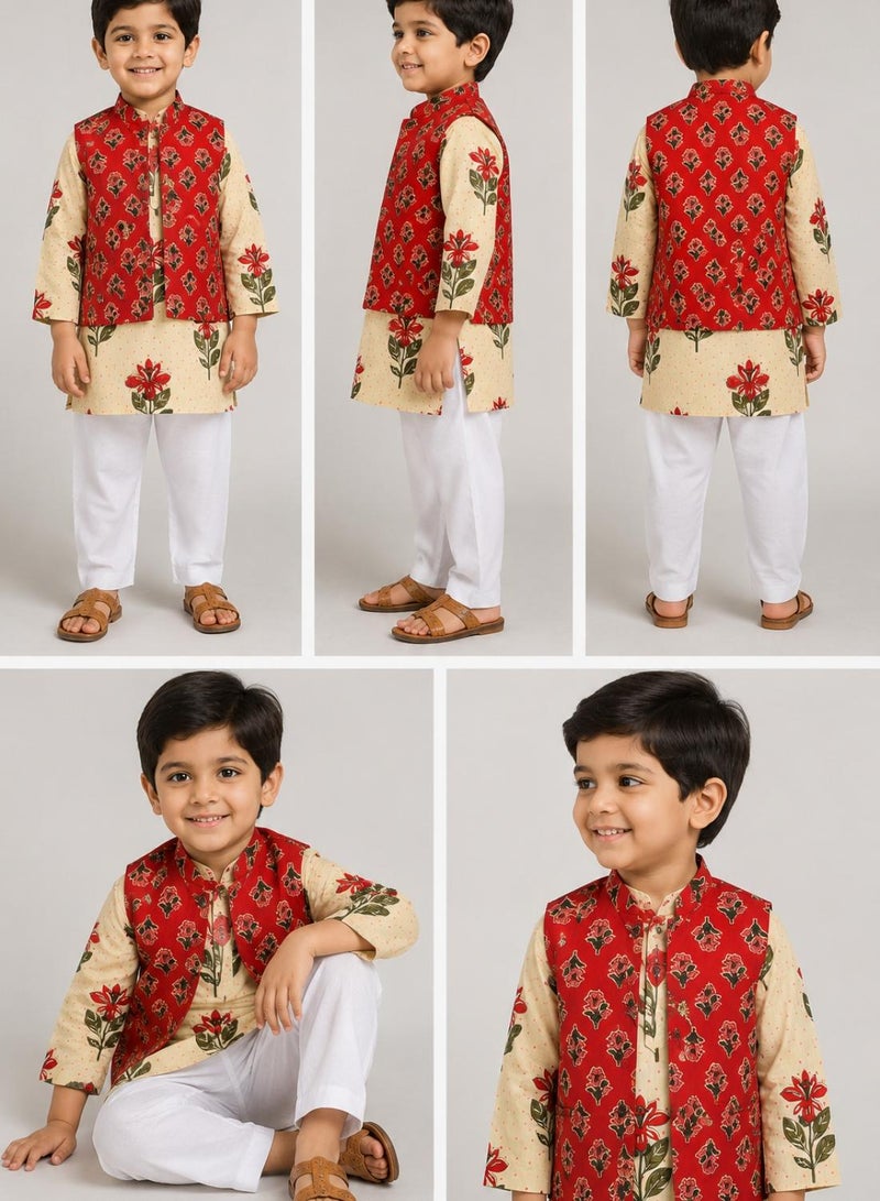 babyqlo Boys Cream Floral Kurta, Red Printed Koti and Pajama Set - Image 5