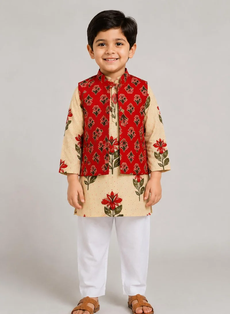 بيبي كلو Boys Cream Floral Kurta, Red Printed Koti and Pajama Set