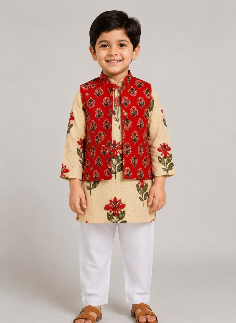 babyqlo Boys Cream Floral Kurta, Red Printed Koti and Pajama Set - Image 1