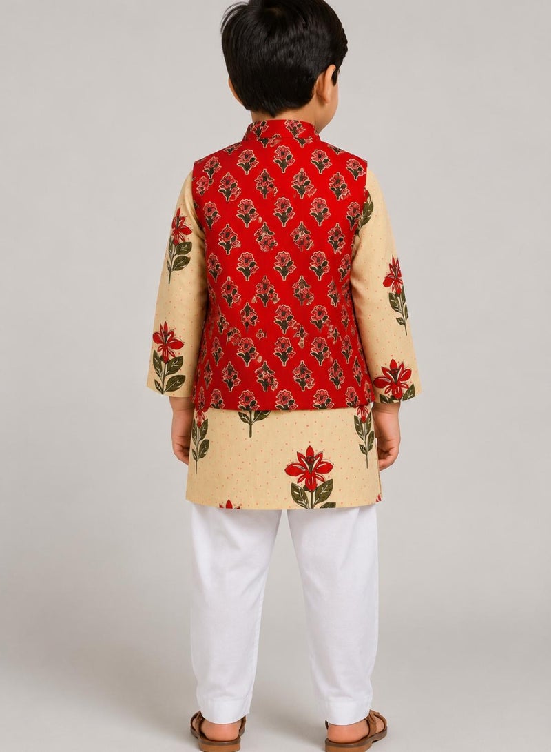 babyqlo Boys Cream Floral Kurta, Red Printed Koti and Pajama Set - Image 3