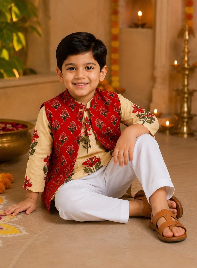 babyqlo Boys Cream Floral Kurta, Red Printed Koti and Pajama Set - Image 4