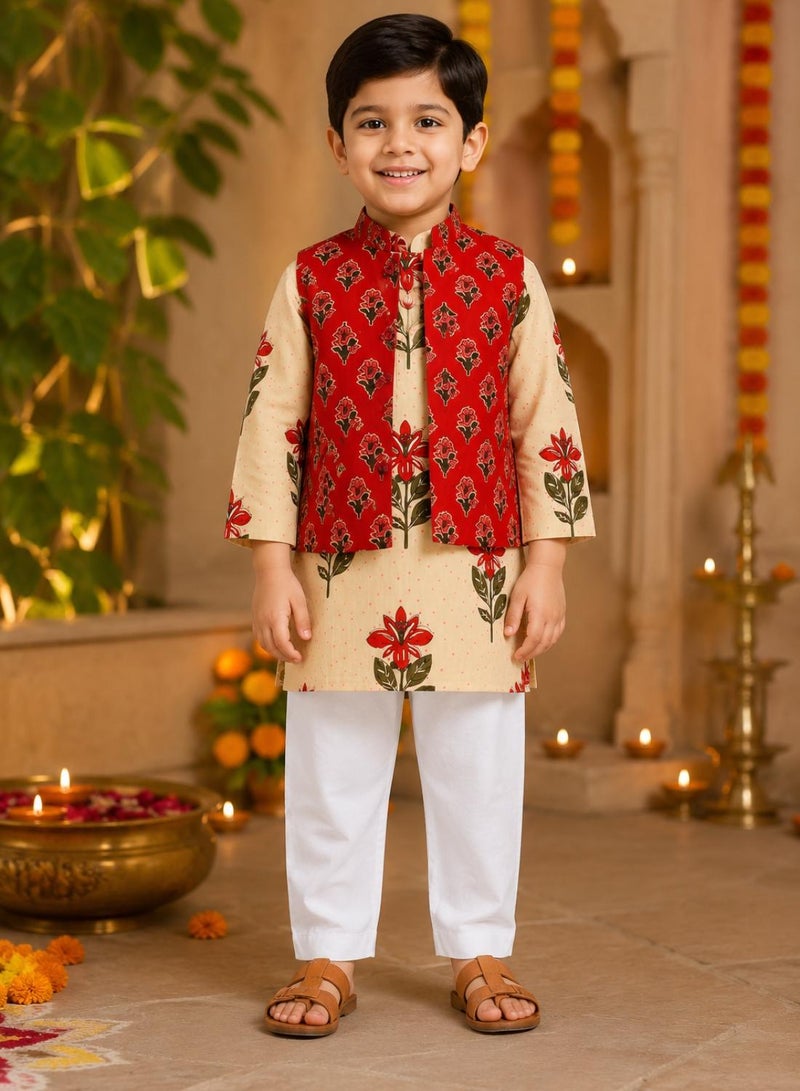 babyqlo Boys Cream Floral Kurta, Red Printed Koti and Pajama Set - Image 2