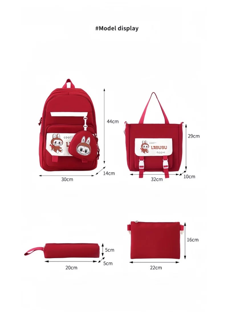 Labubu School Bag Women's Backpack Female College Students High School Students New Large Capacity Students Class Tutoring Four-Piece Backpack - Image 3