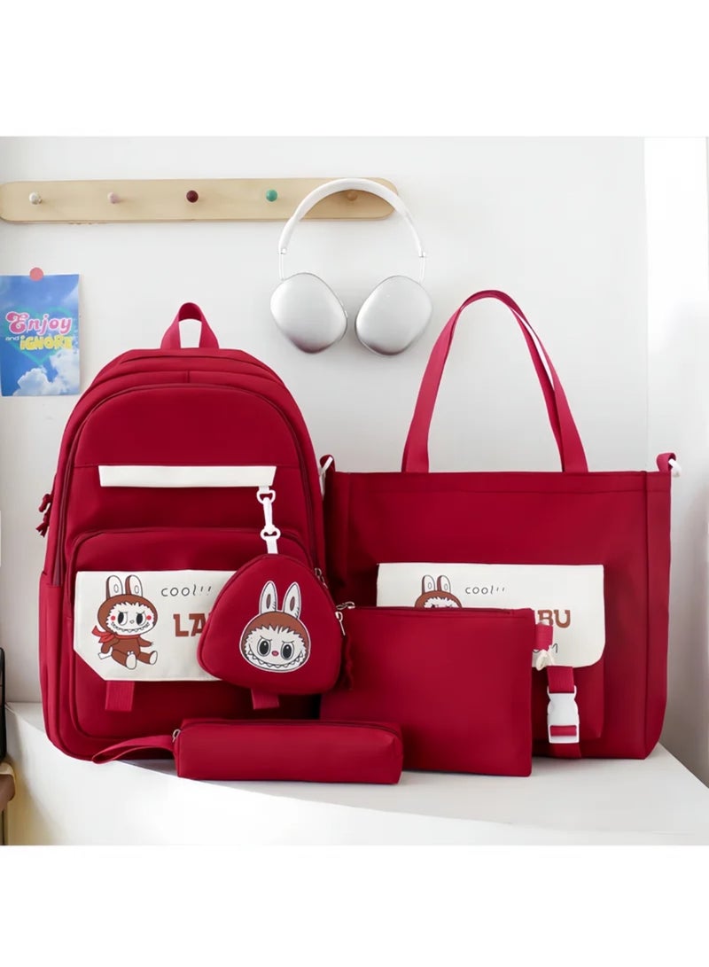 Labubu School Bag Women's Backpack Female College Students High School Students New Large Capacity Students Class Tutoring Four-Piece Backpack - Image 1