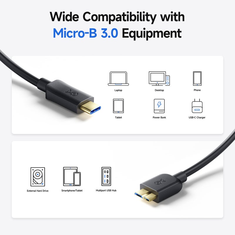 Cable Matters 10Gbps Short USB C to Micro USB 3.0 Cable - 1ft, USBC Hard Drive Cable, Micro B to USBC Cord, Compatible with Seagate, LaCie, Toshiba, Samsung, WD External Hard Drive, Black - Image 4
