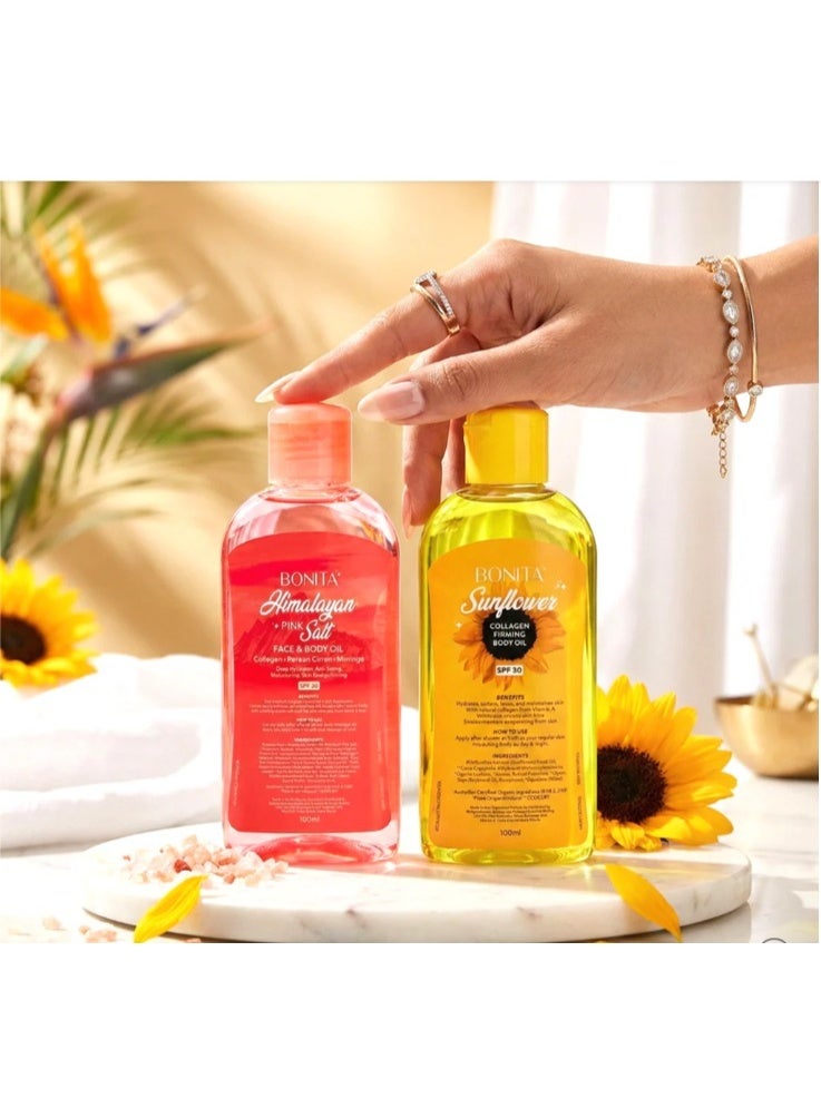 Bonita Pack of 2 Himalayan Pink Salt Face and Body Oil 100ml + Sunflower Collagen Firming Body Oil SPF 30 100ml Skin Care Moisturizing Brightening Firming Body Oil Set - Image 2
