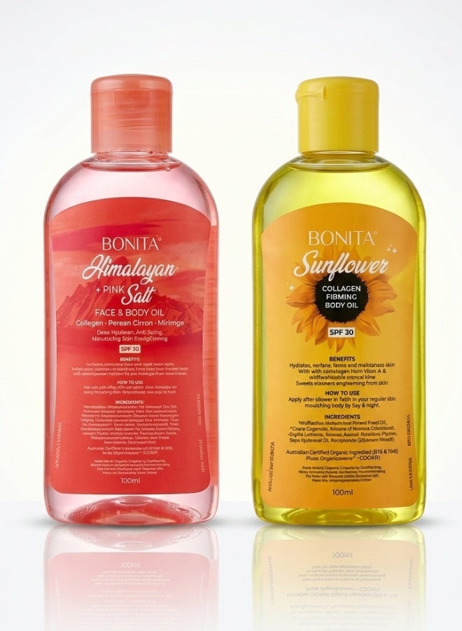 Bonita Pack of 2 Himalayan Pink Salt Face and Body Oil 100ml + Sunflower Collagen Firming Body Oil SPF 30 100ml Skin Care Moisturizing Brightening Firming Body Oil Set - Image 1
