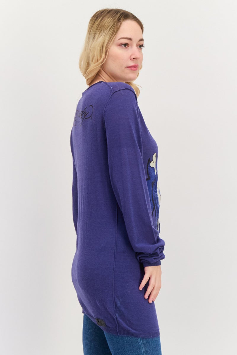 Ed Hardy Women Round Neck Graphic Print Sweatshirt, Blue Combo - Image 2