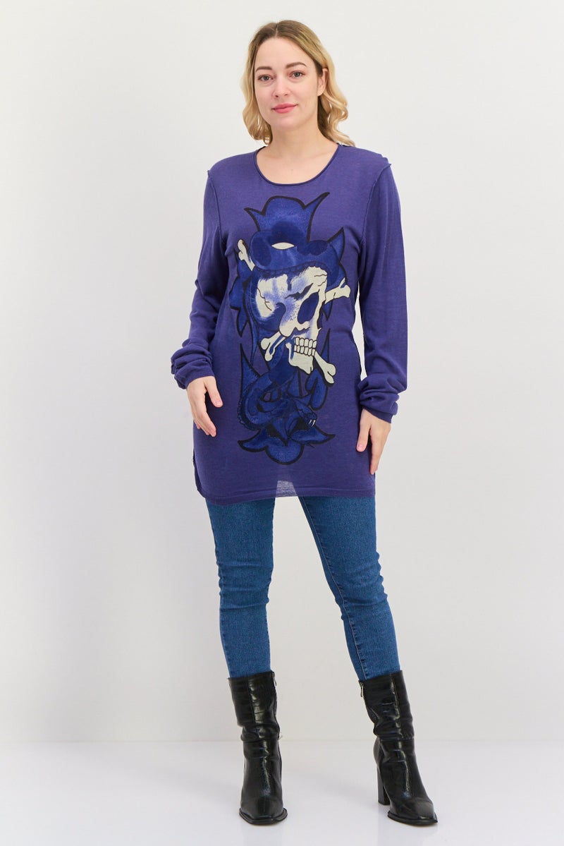 Ed Hardy Women Round Neck Graphic Print Sweatshirt, Blue Combo - Image 4