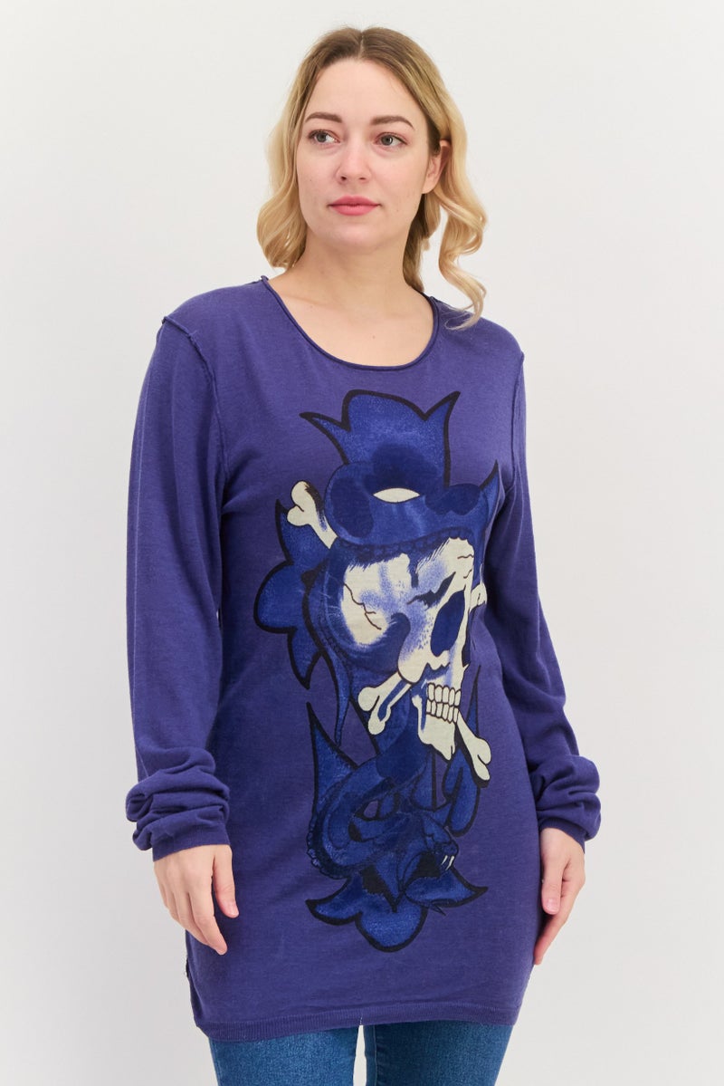 Ed Hardy Women Round Neck Graphic Print Sweatshirt, Blue Combo - Image 1