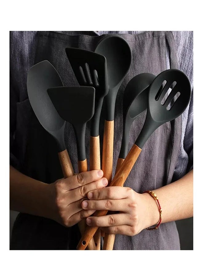 Excellent - 11-Piece Silicone Cooking Utensil Set Black/Brown - Image 1