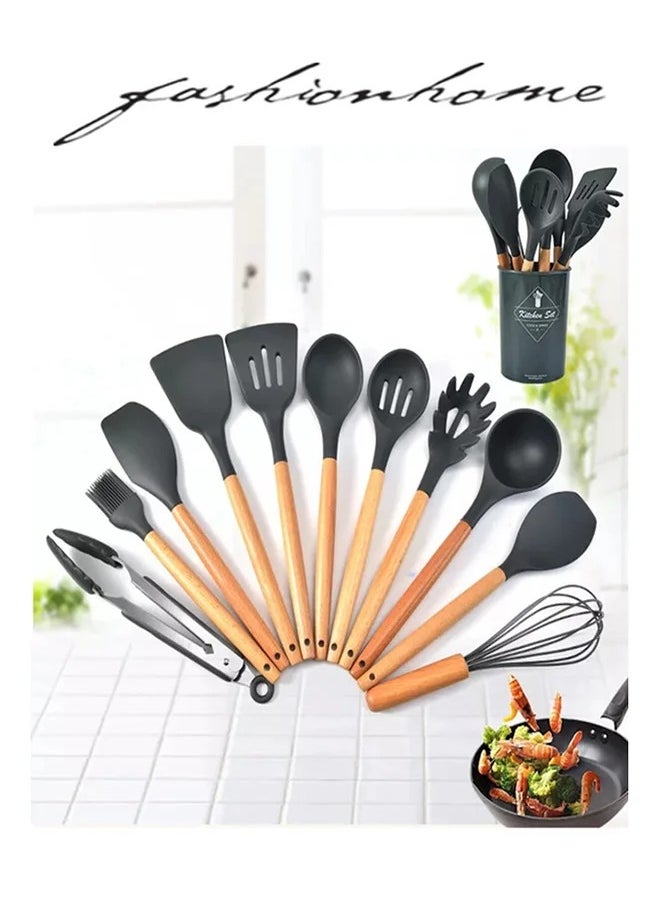 Excellent - 11-Piece Silicone Cooking Utensil Set Black/Brown - Image 1