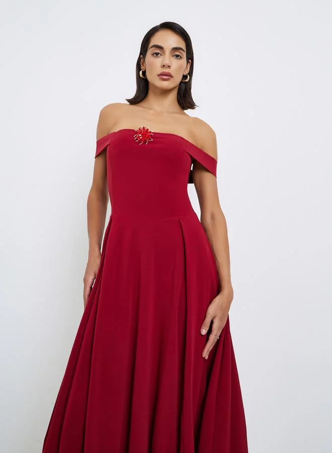 Styli Red Bardot Midi Dress with Brooch Detail
