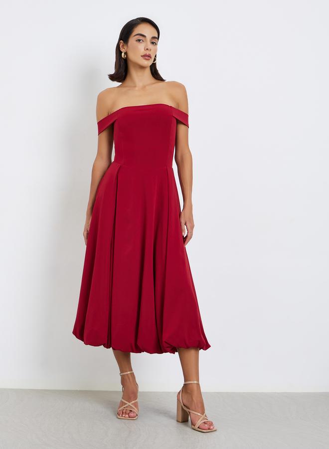 Styli Red Bardot Midi Dress with Brooch Detail - Image 4