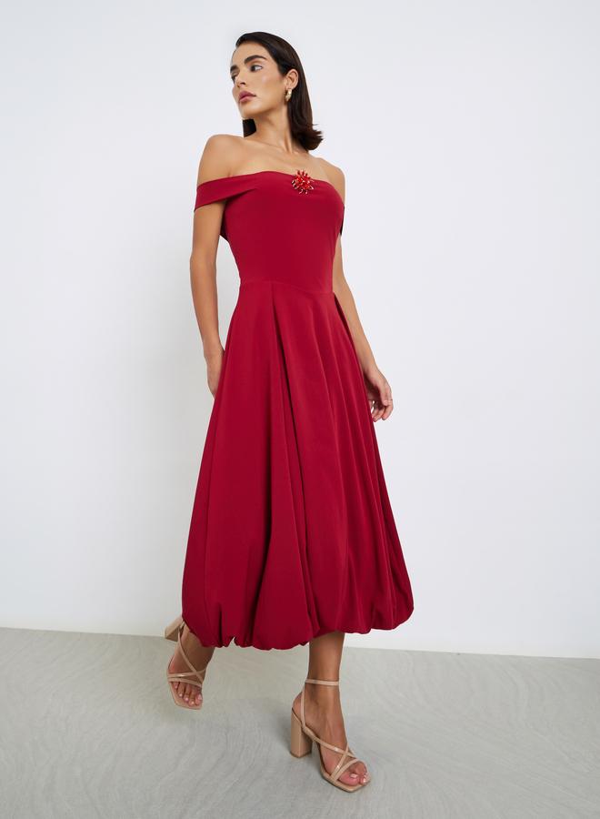 Styli Red Bardot Midi Dress with Brooch Detail - Image 1