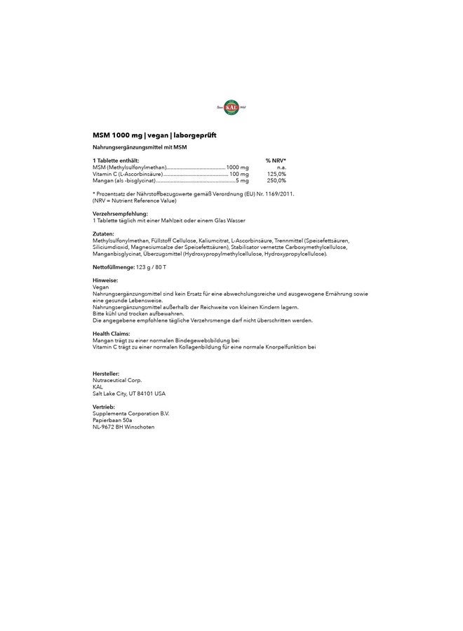 KAL 1000 Mg Msm Tablets, 80 Count - Image 5