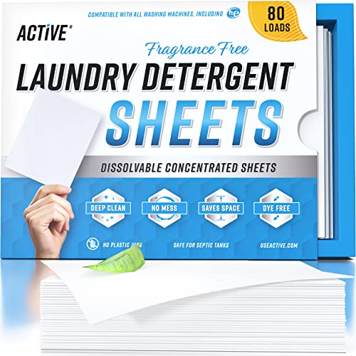 ACTIVE Laundry Detergent Sheets Eco Washing Strips - 80 Loads, Free & Clear Liquidless Clothes Washer Sheet, Zero Waste Travel Laundry Strip, Dissolvable Space Saving Sheets For HE - Fragrance Free - Image 1