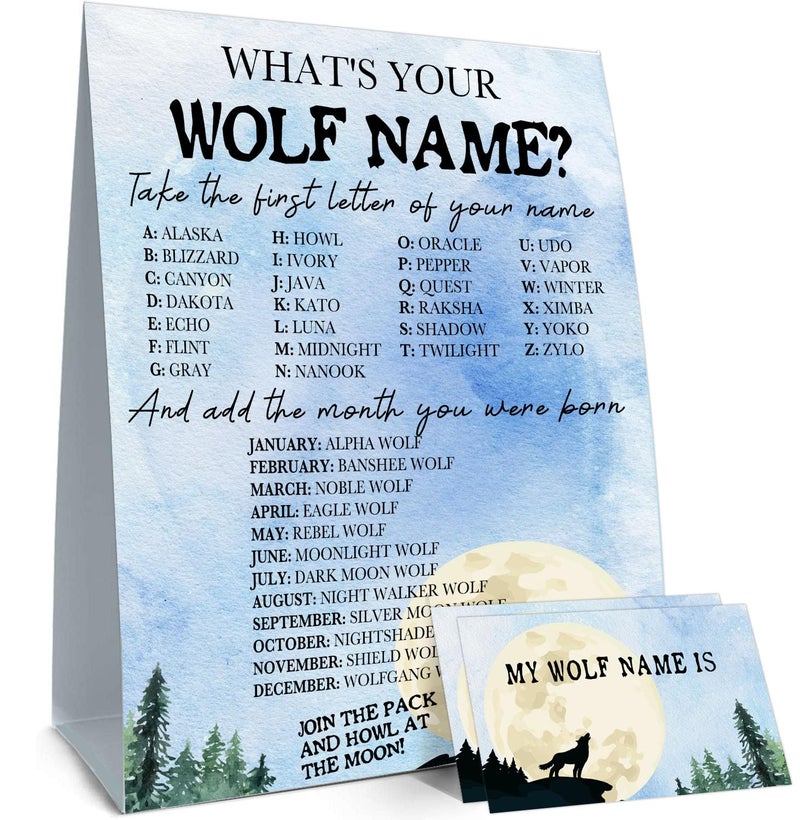BirtDerr Whats Your Wolf Name1 Game Sign and 30 Name StickersHowling Wolf Birthday Party Holiday Activity Activity Game for Class Graduation Birthday - Image 2