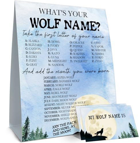 BirtDerr Whats Your Wolf Name1 Game Sign and 30 Name StickersHowling Wolf Birthday Party Holiday Activity Activity Game for Class Graduation Birthday - Image 1