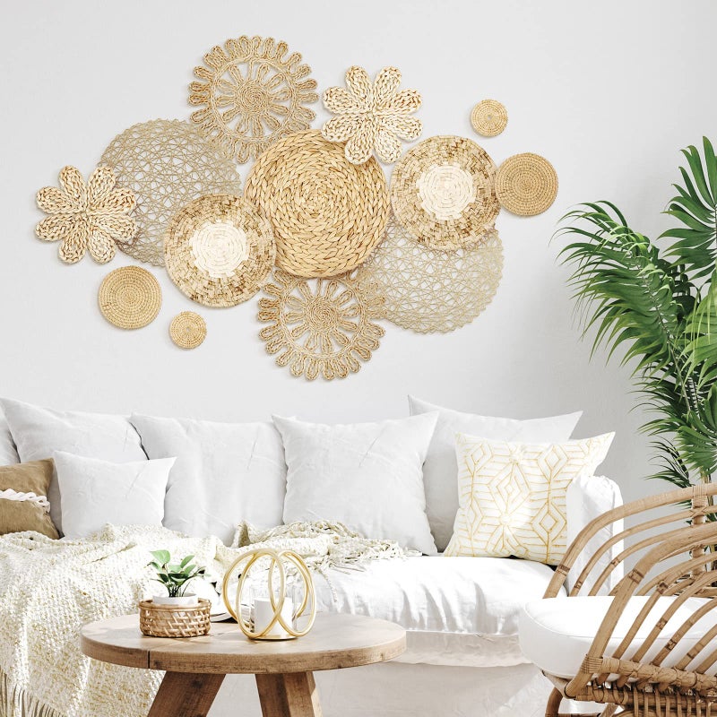 Glenmal Set of 13 Boho Wall Basket Decor Woven Rattan Flat Baskets Handmade Boho Wicker Bamboo Seagrass Wall Hanging Decor for Bedroom Living Room Dining Room Office Ready to Hang(Plain) - Image 2