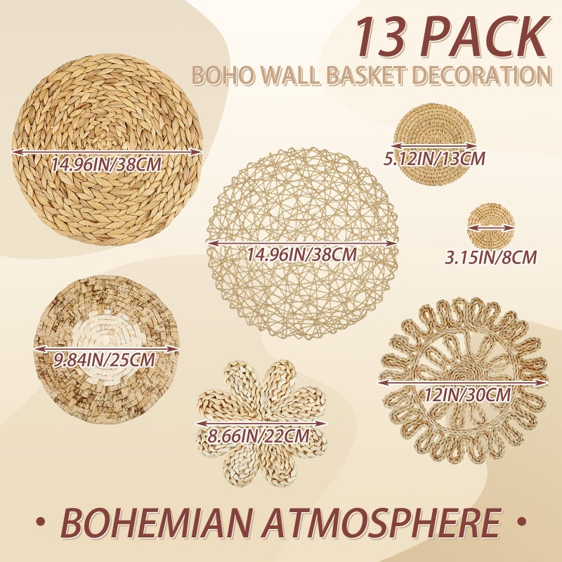 Glenmal Set of 13 Boho Wall Basket Decor Woven Rattan Flat Baskets Handmade Boho Wicker Bamboo Seagrass Wall Hanging Decor for Bedroom Living Room Dining Room Office Ready to Hang(Plain) - Image 3