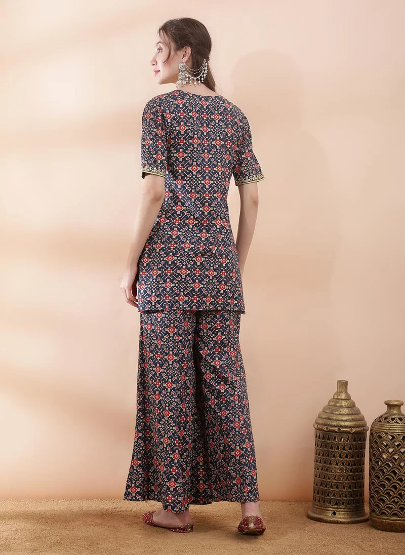 globus  Globus Women Navy Blue Embroidered & Mirror Work Yoke Ethnic Print Kurti with Wide Leg Palazzos Festive Co-Ord Set for Women | Best Price UAE